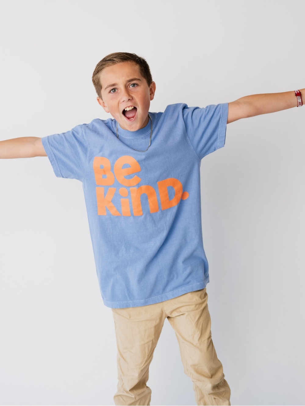 Comfort Colors Light Blue Kids Tee with Orange "Be Kind" Graphic